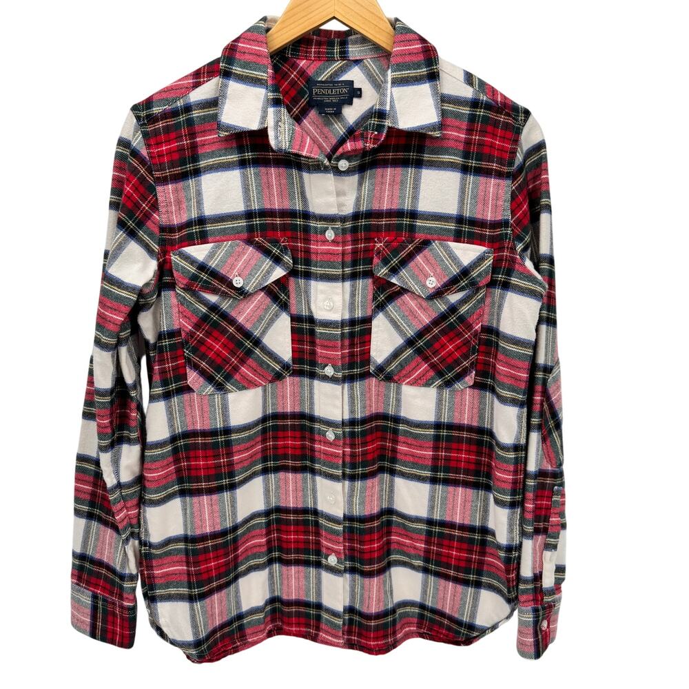 Pendleton Flannel Shirt Womens Small Red Black White Plaid‎ Button Up Cotton